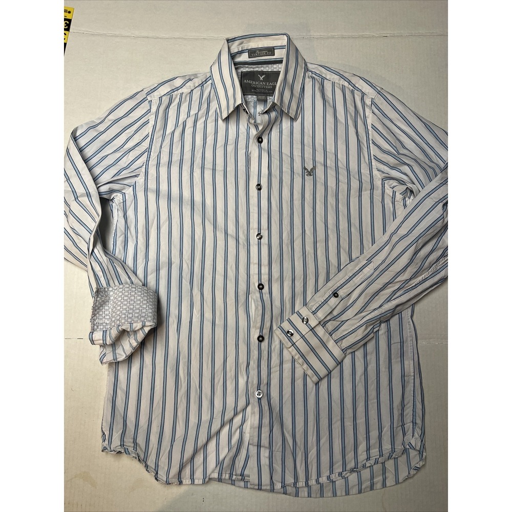 American Eagle Button Up Shirt Men Medium‎ Vintage Fit White Blue Stripe Stain